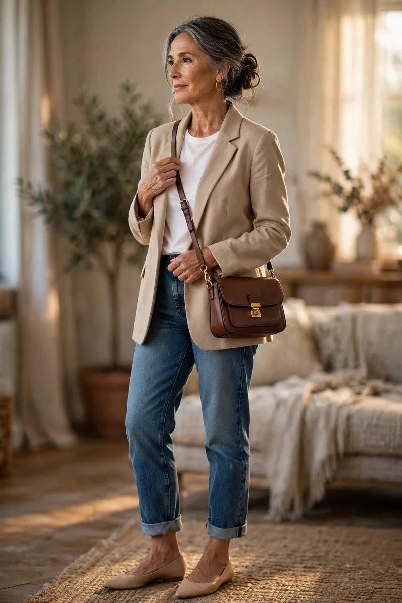Mature lady in a soft beige unstructured blazer layered over a white tee, medium-wash jeans and pointed nude flats