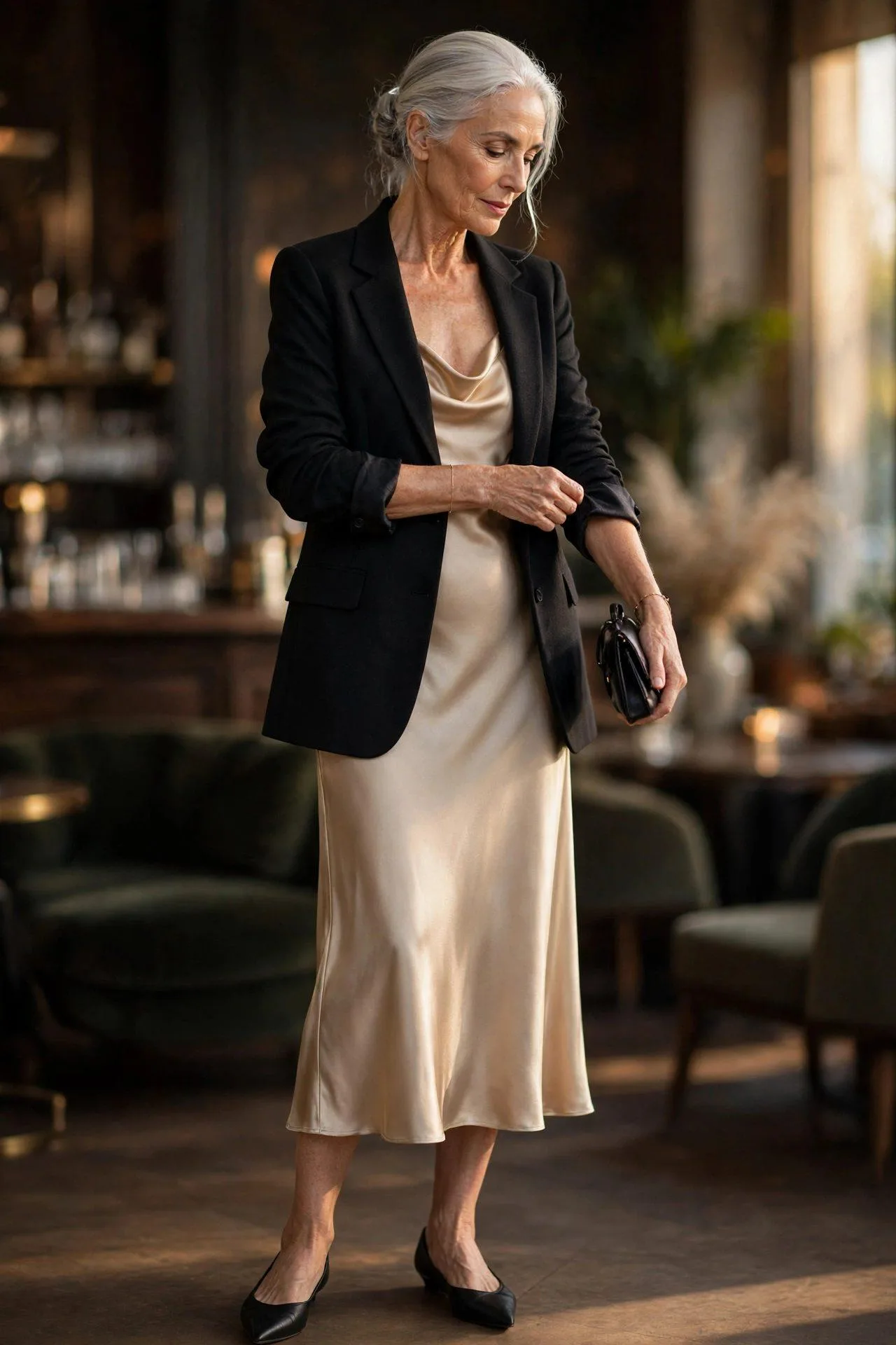 Elegant silver-haired guest in a champagne slip dress and tailored black blazer