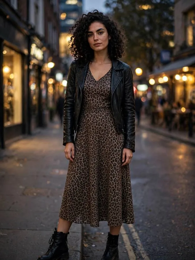 A woman in a leopard-print midi dress with ankle boots.