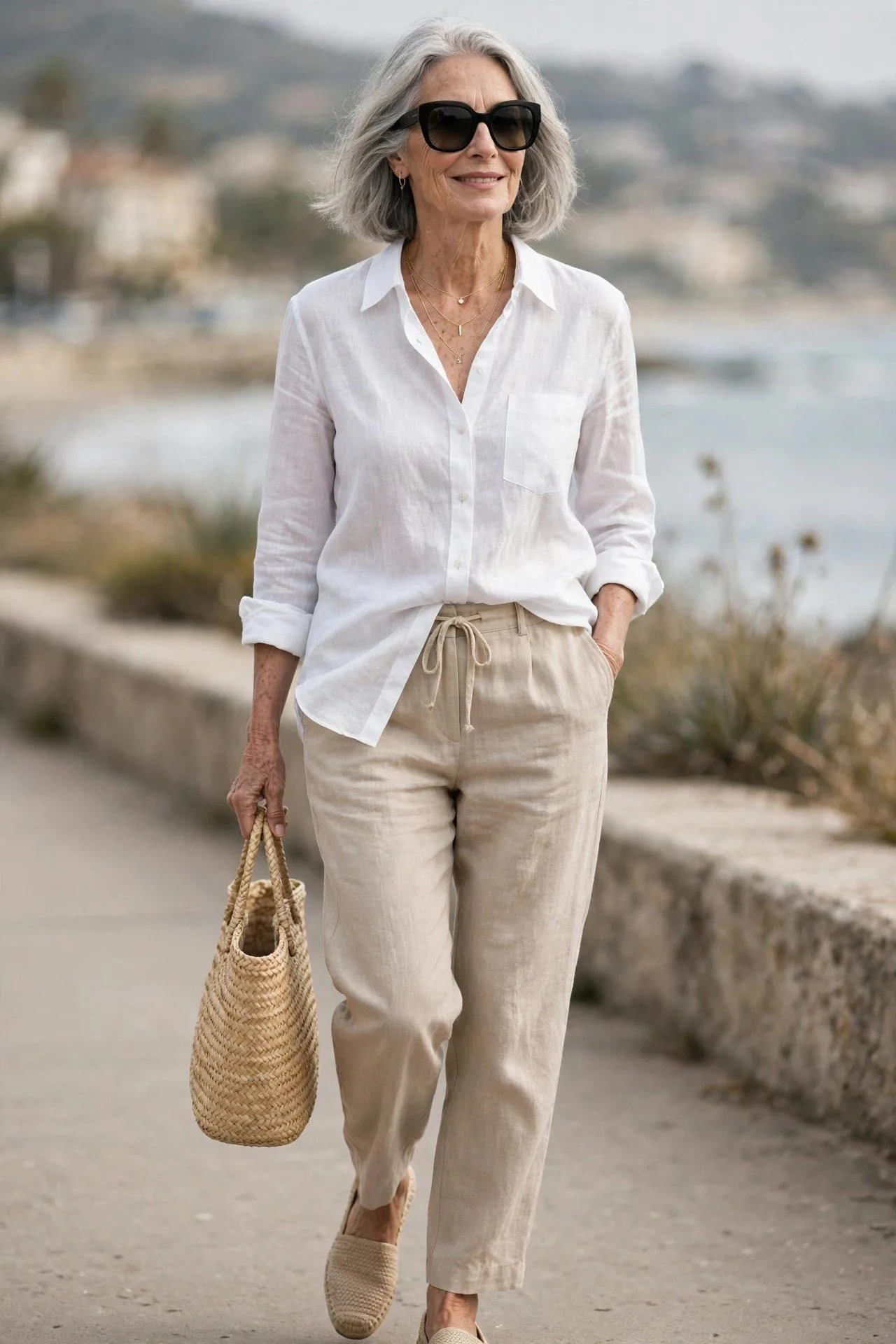 Woman in her early 60s dressed in a white linen button-down with rolled sleeves and relaxed beige linen trousers, finished with espadrilles, a straw tote and sunglasses.