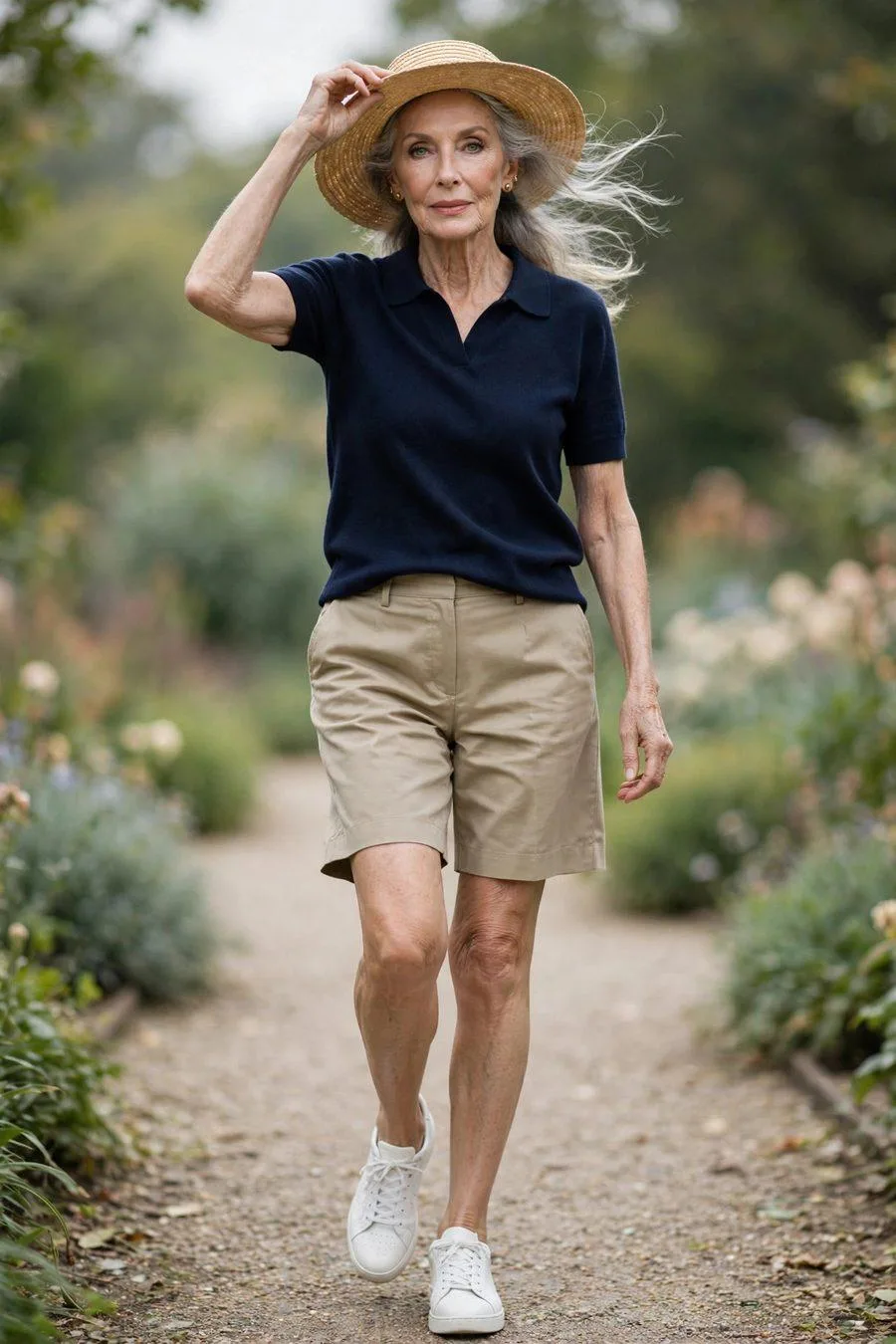 Confident mature woman in navy knit polo and khaki Bermuda shorts with sneakers