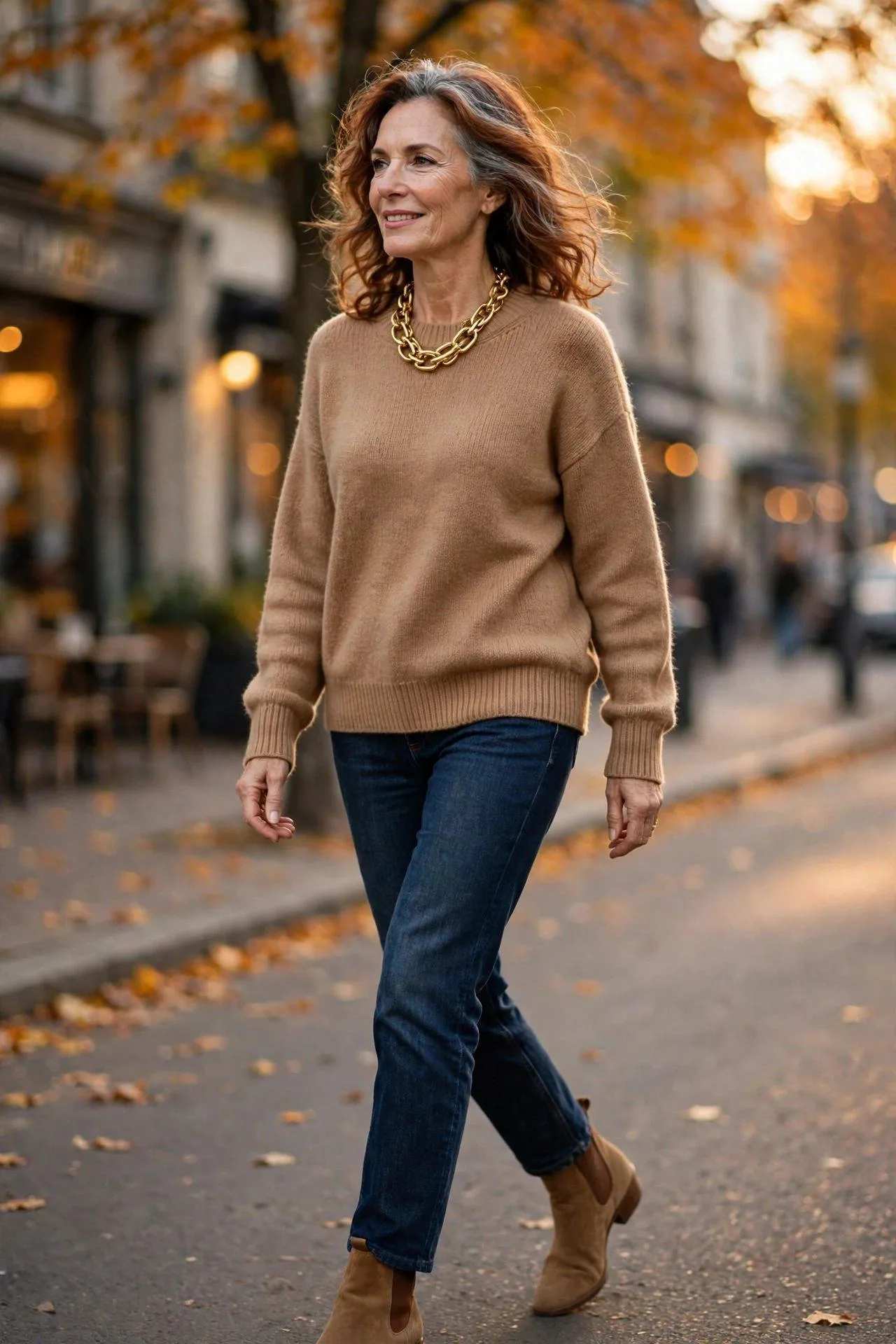 Bold interlocking gold chain necklace sitting at the collarbone over a black tee.