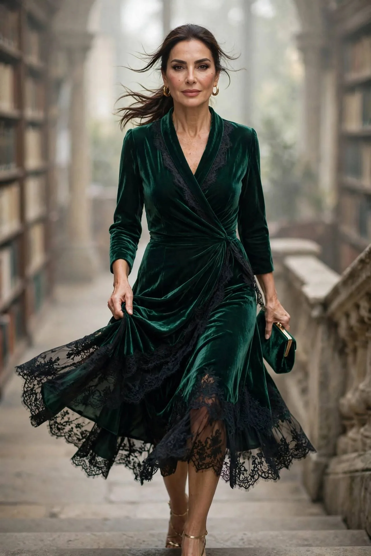 Confident woman over fifty in emerald velvet wrap midi dress