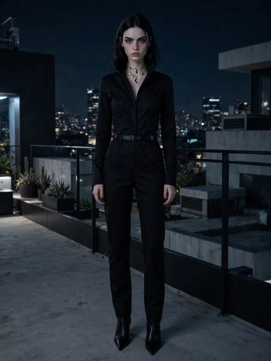 Sleek black jumpsuit accessorized with a celestial moon choker necklace.