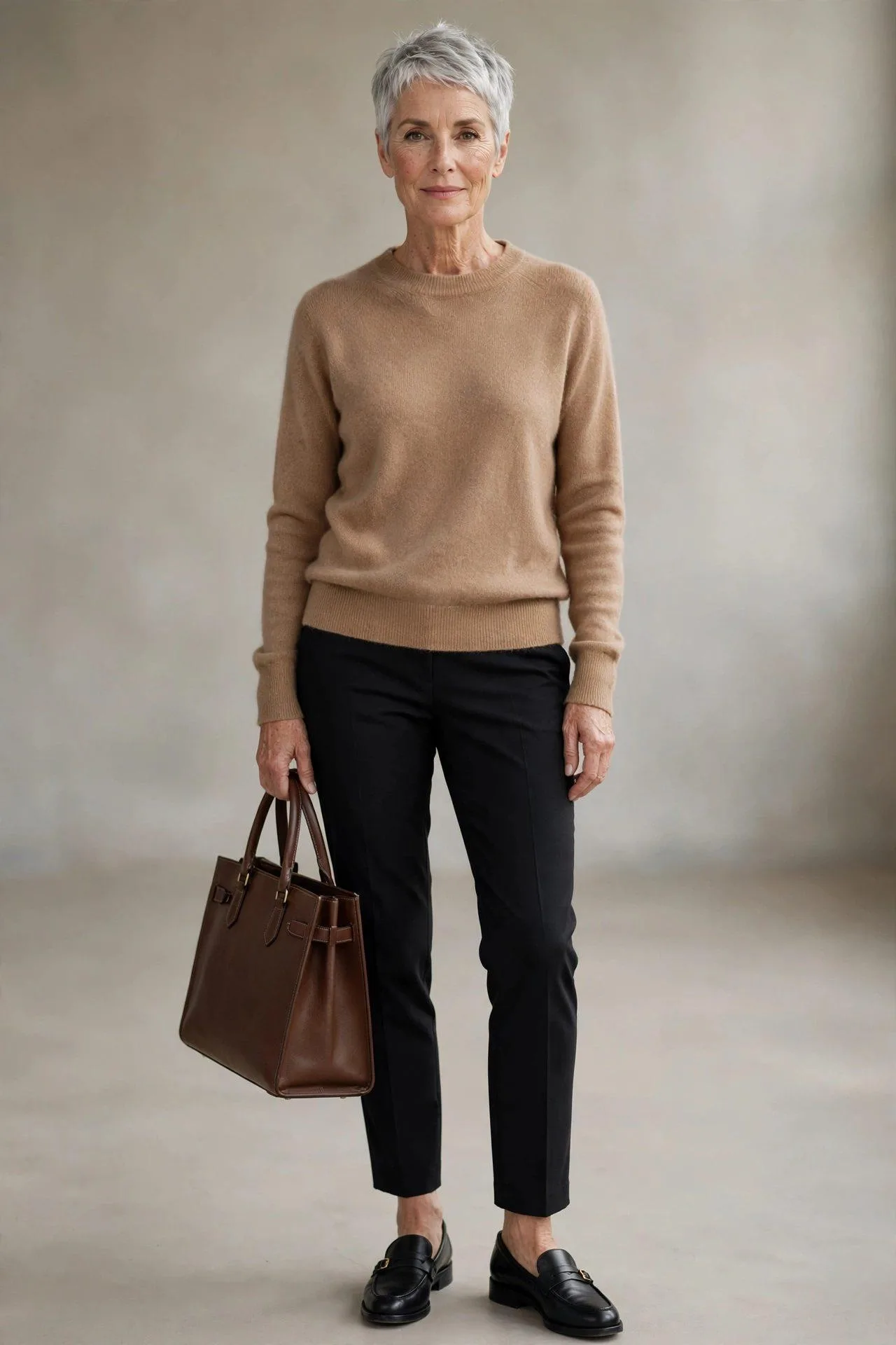 Lady in 50s wearing luxurious camel cashmere top with tailored black trousers