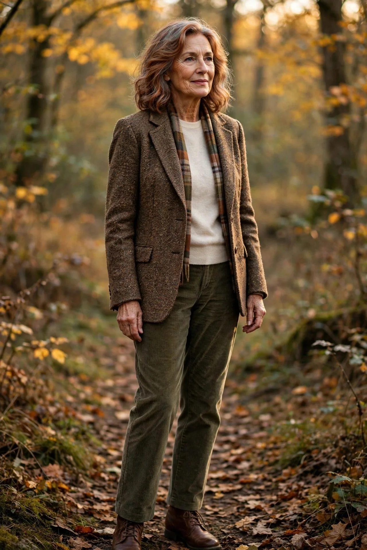 Textured tweed jacket with cozy knit and autumn corduroys