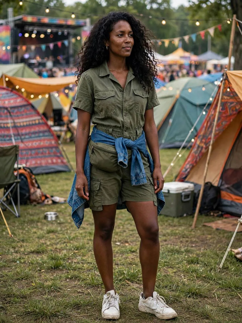Woman in olive utility romper and sneakers at an outdoor music festival.