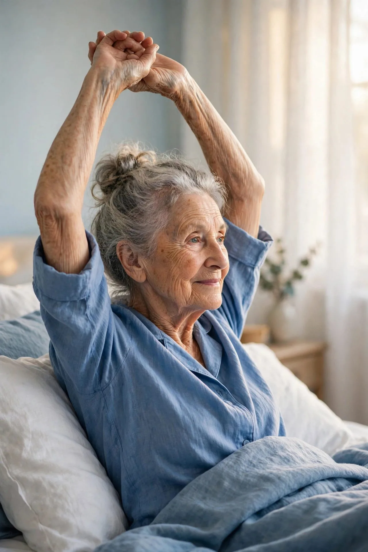 Older woman sleeping peacefully in a dark quiet bedroom at night.