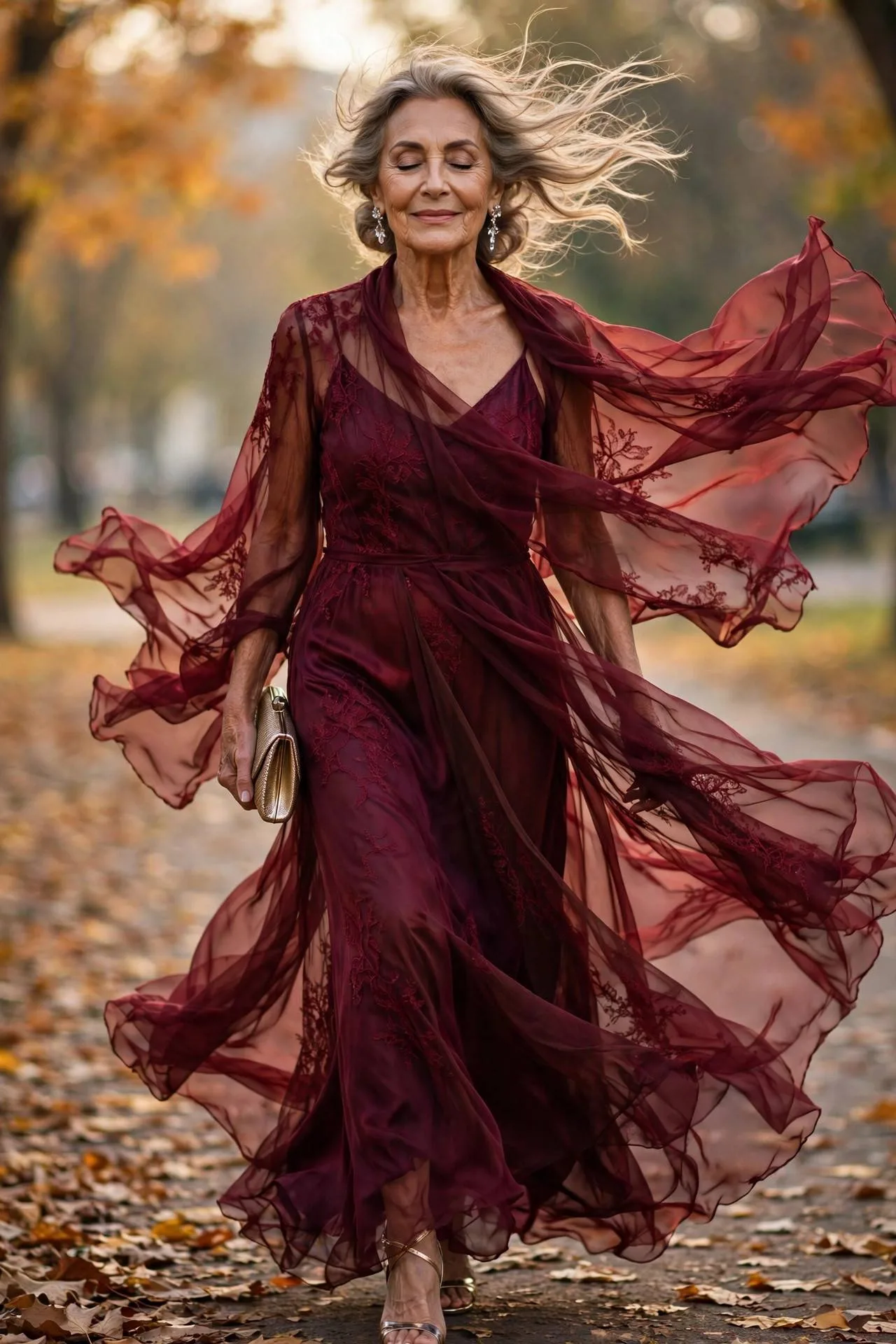Mature woman in burgundy chiffon overlay gown at fall wedding