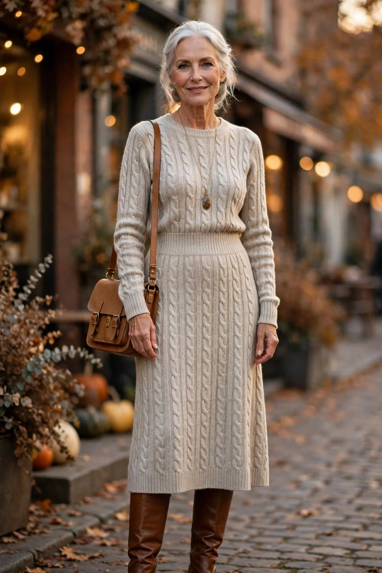 Radiant woman in her 60s wearing a cable-knit oatmeal dress with tall brown boots.