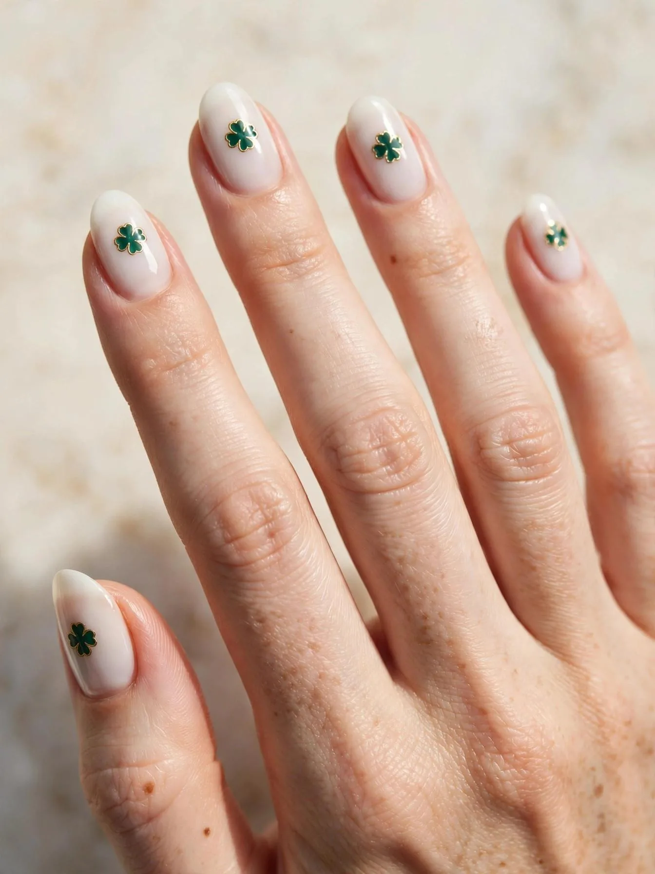 Milky white almond nails with emerald clover and gold outline.