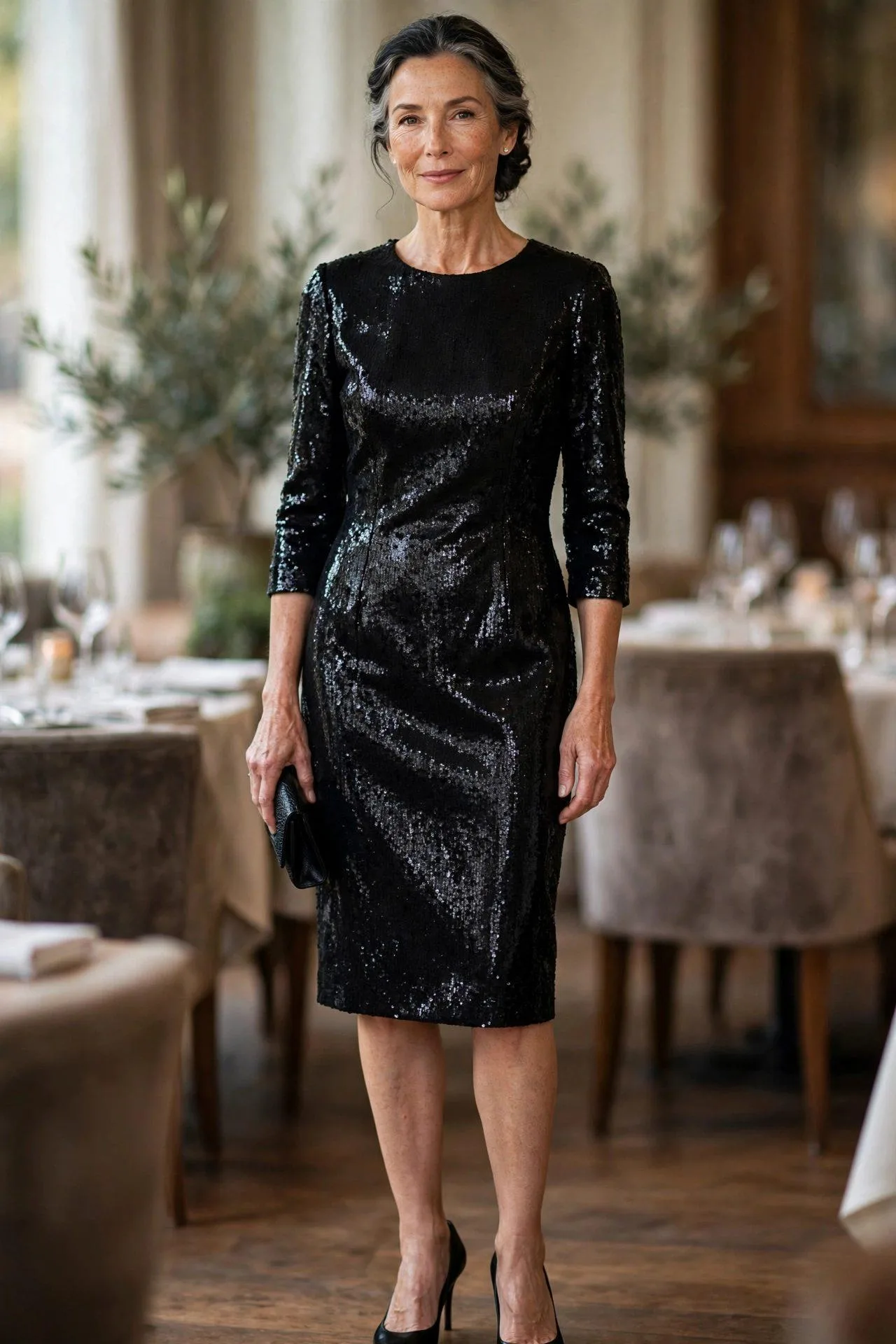 Stylish older woman in a sparkling black sequin cocktail dress for a 50th birthday