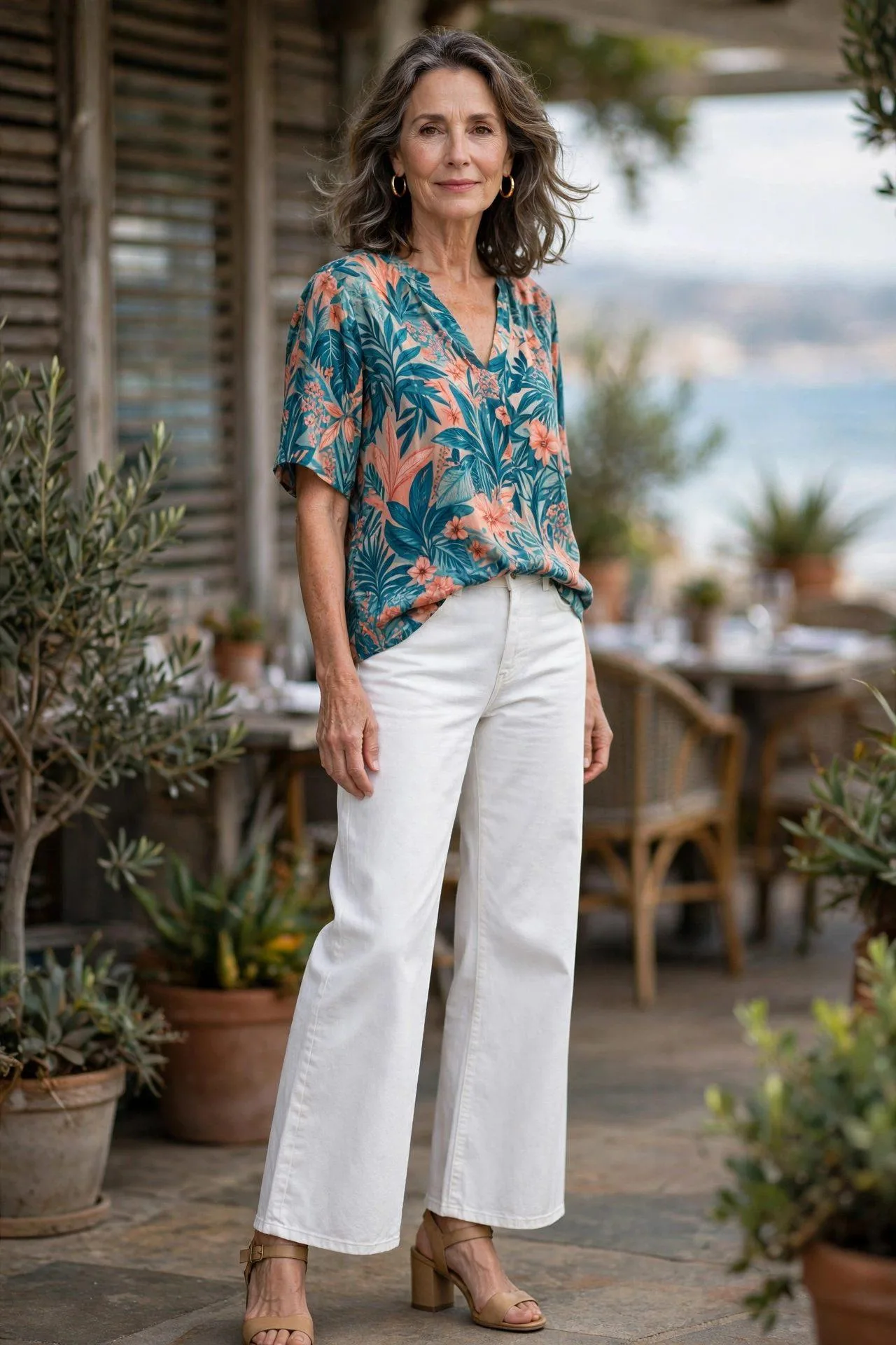 Wide-Leg White Jeans + Colorful Blouse