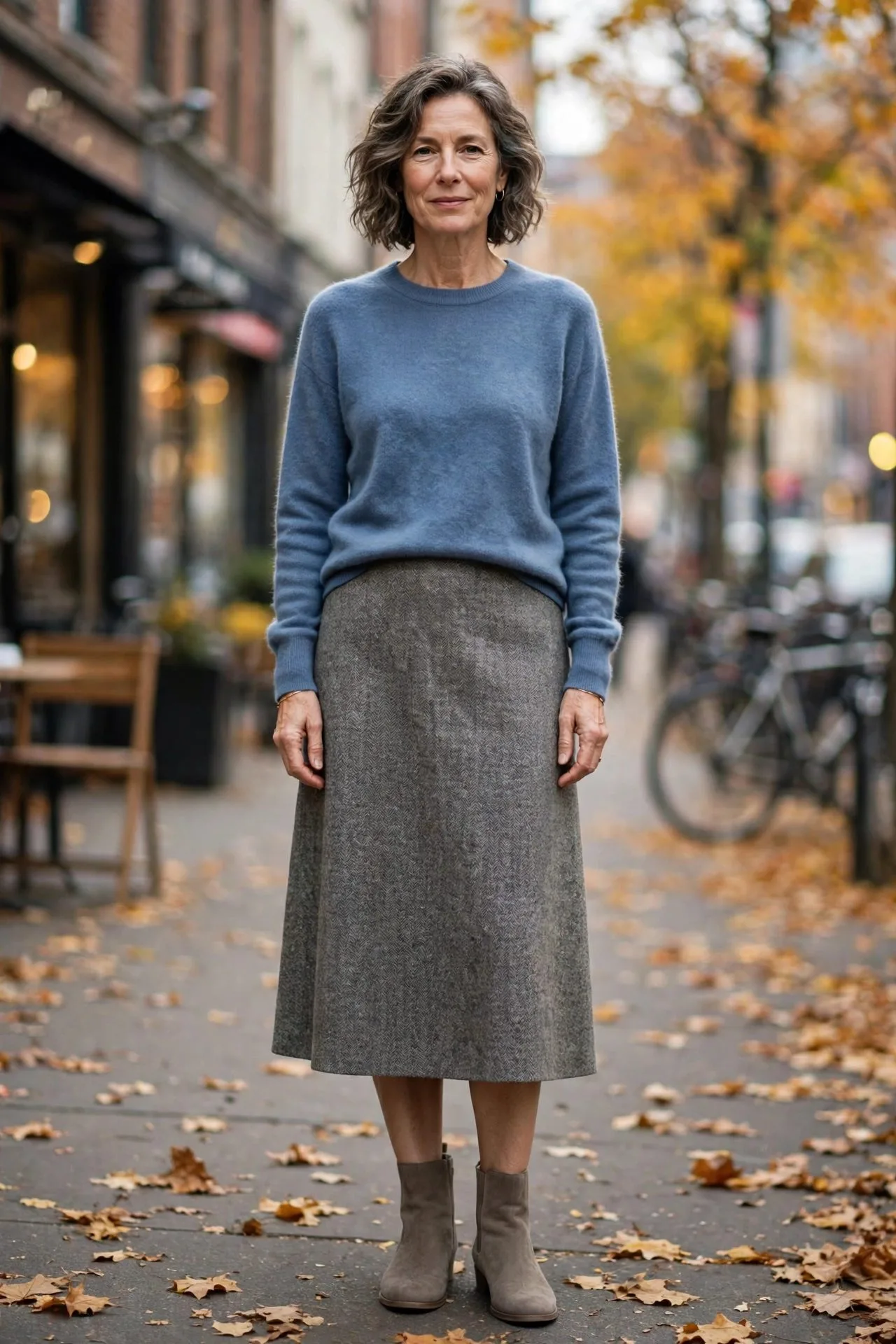 Woman over 50 in gray tweed skirt with blue cashmere sweater.