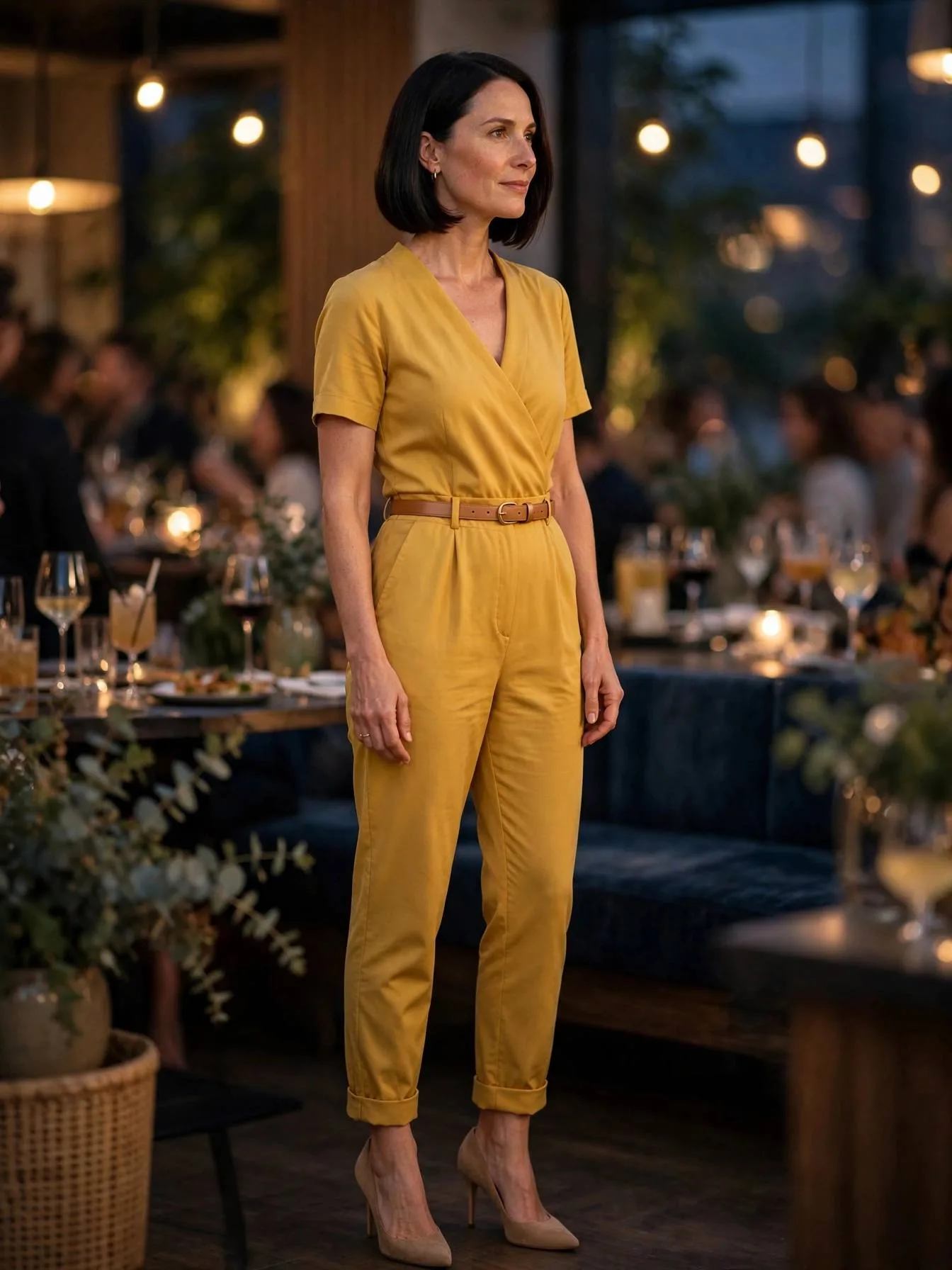 Woman in a golden yellow jumpsuit with nude heels at evening.