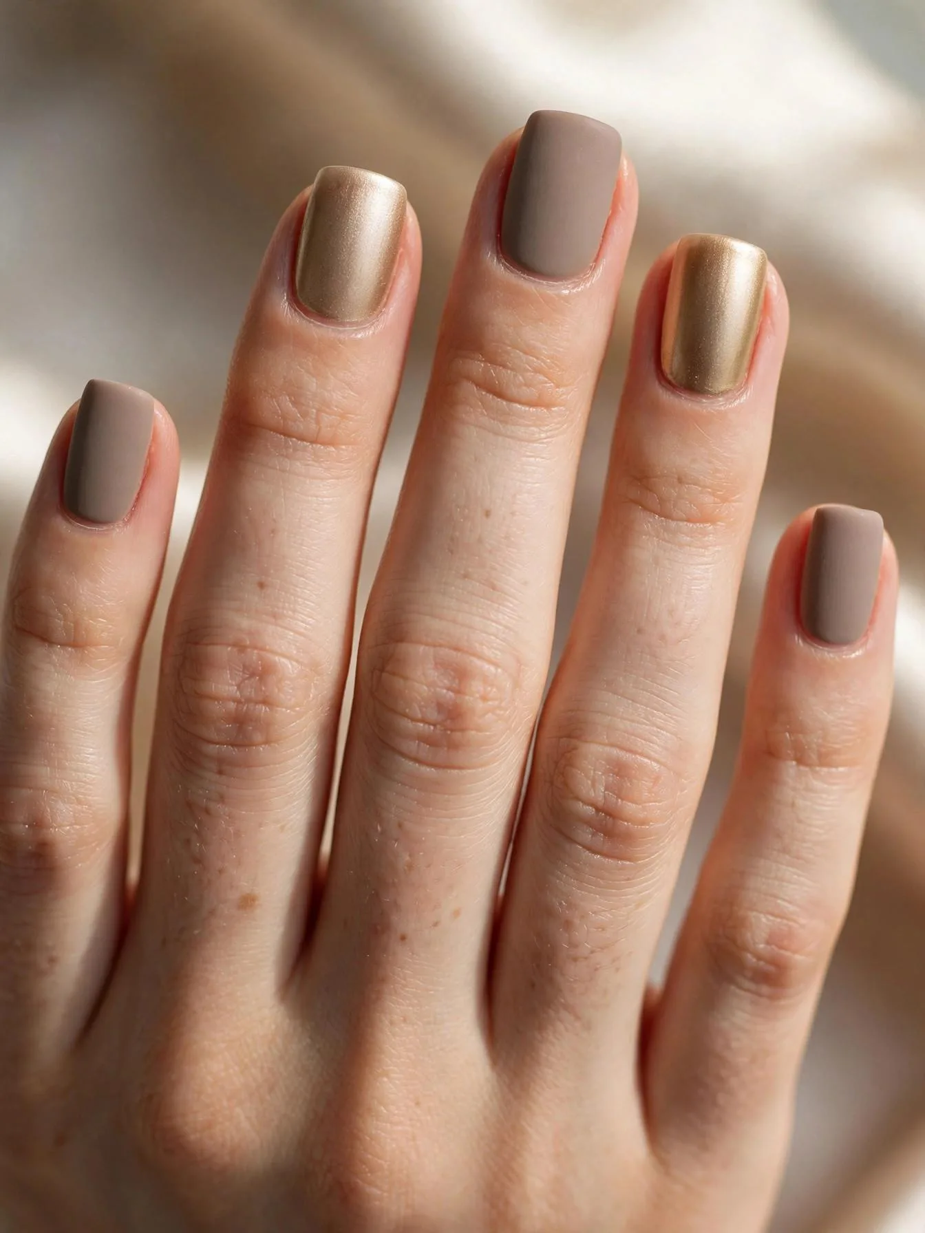 Medium square nails alternating matte taupe and champagne metallic gold.