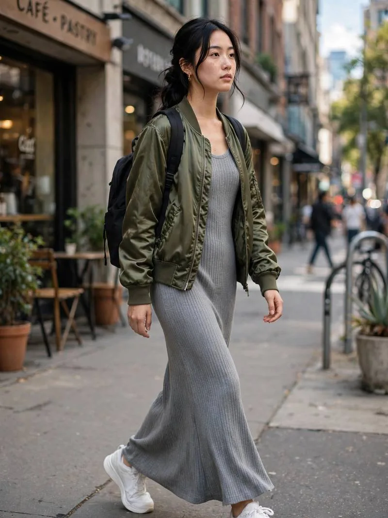 Knit maxi dress with silky bomber jacket and sneakers.