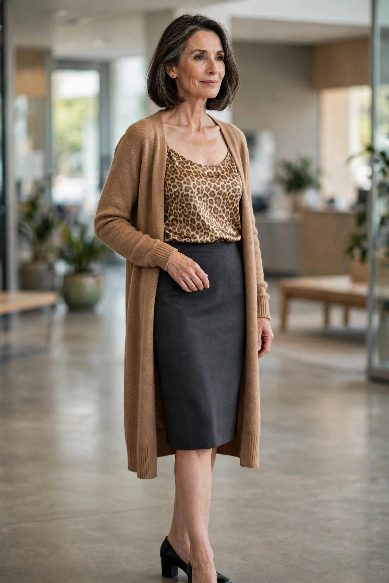 Work-ready woman over 50 in leopard cami under long camel cardigan and skirt