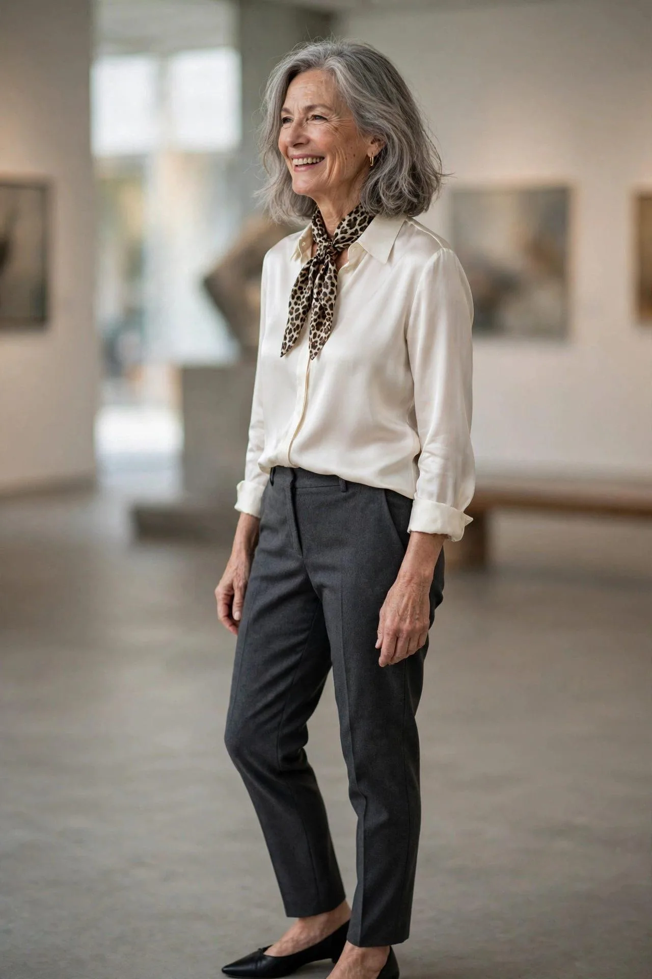 Smiling older woman accessorizing an ivory silk blouse and gray trousers with a leopard scarf.