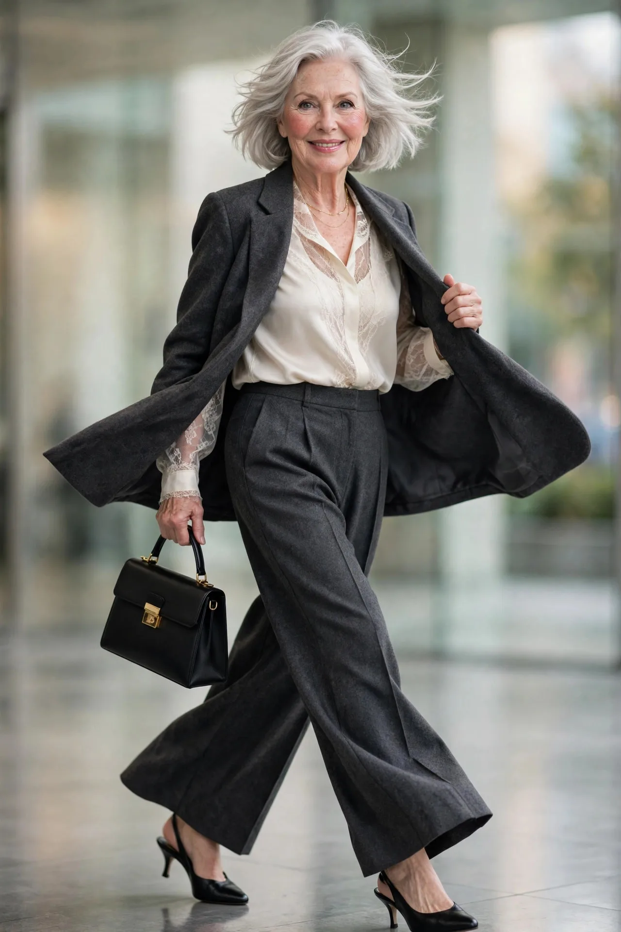 Boardroom Blazer Uniform — A tailored charcoal wool blazer over an ivory silk blouse, with high-waisted wide-leg trousers in matching charcoal and kitten-heel slingbacks.