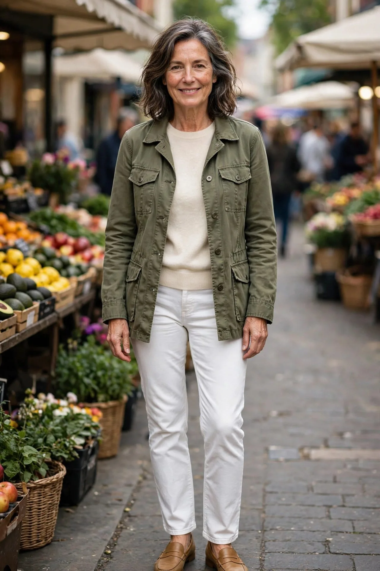 Woman over 50 in olive utility jacket and cashmere at a weekend market