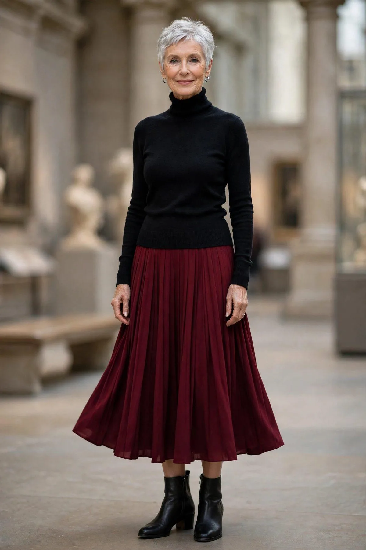 Turtleneck & Pleated Midi Skirt