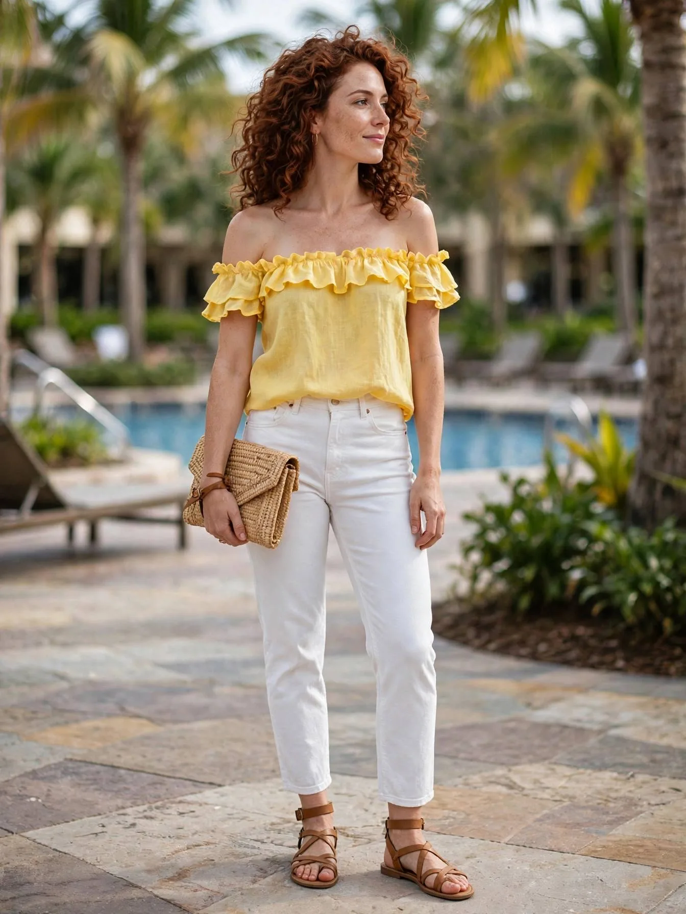 Woman in a yellow off-shoulder top with white denim jeans.
