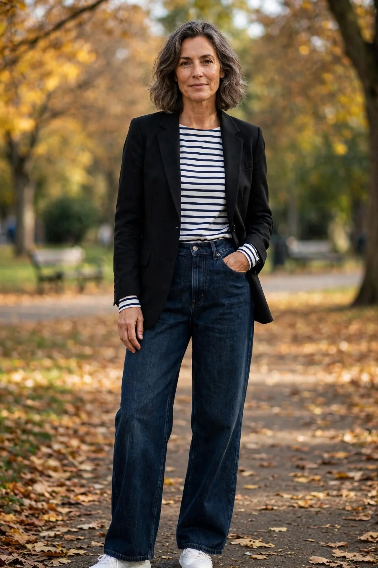 Woman over 50 wearing black blazer with striped top and denim.