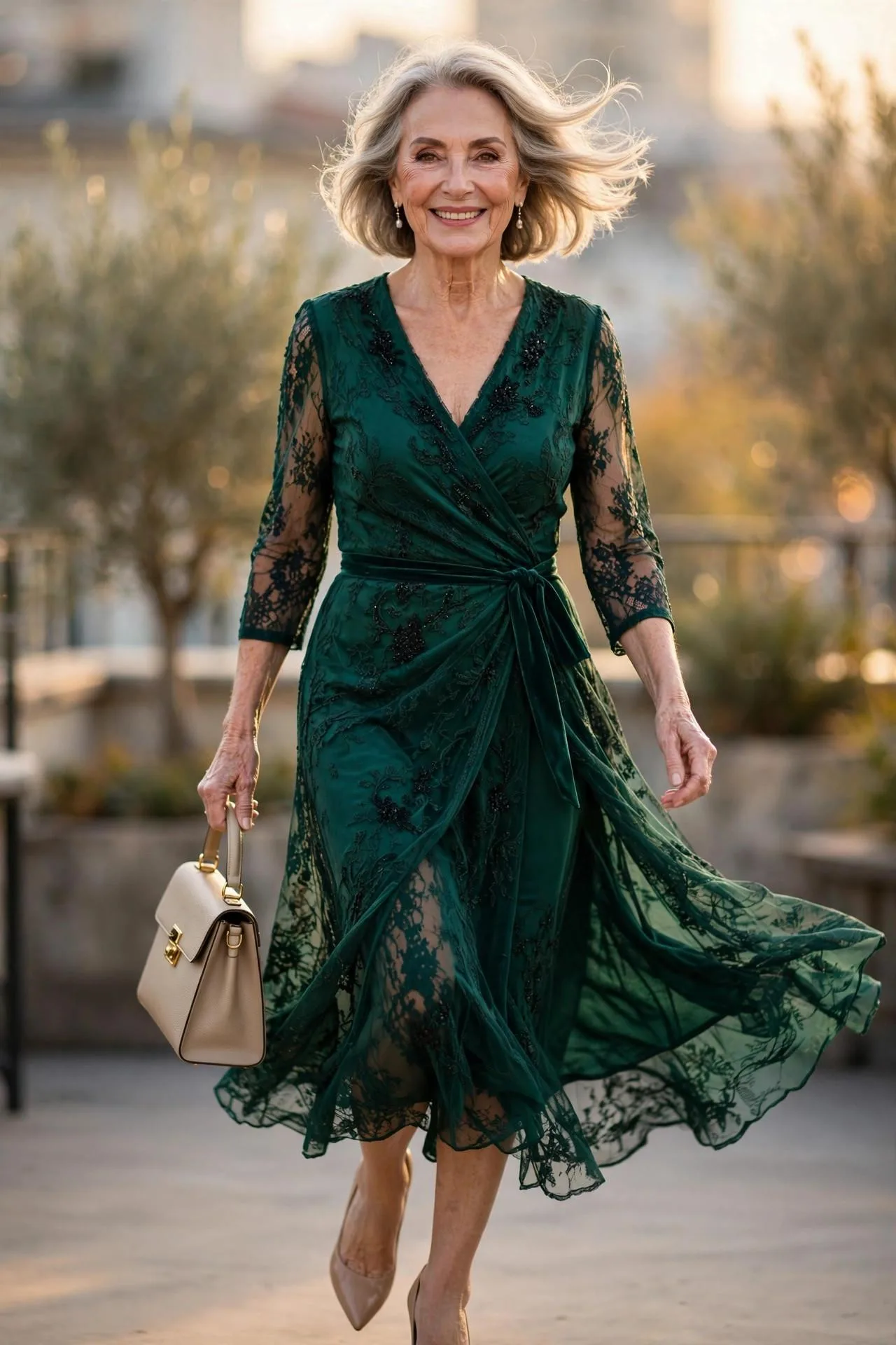 Joyful 68-year-old woman walking toward camera on a bright rooftop terrace.