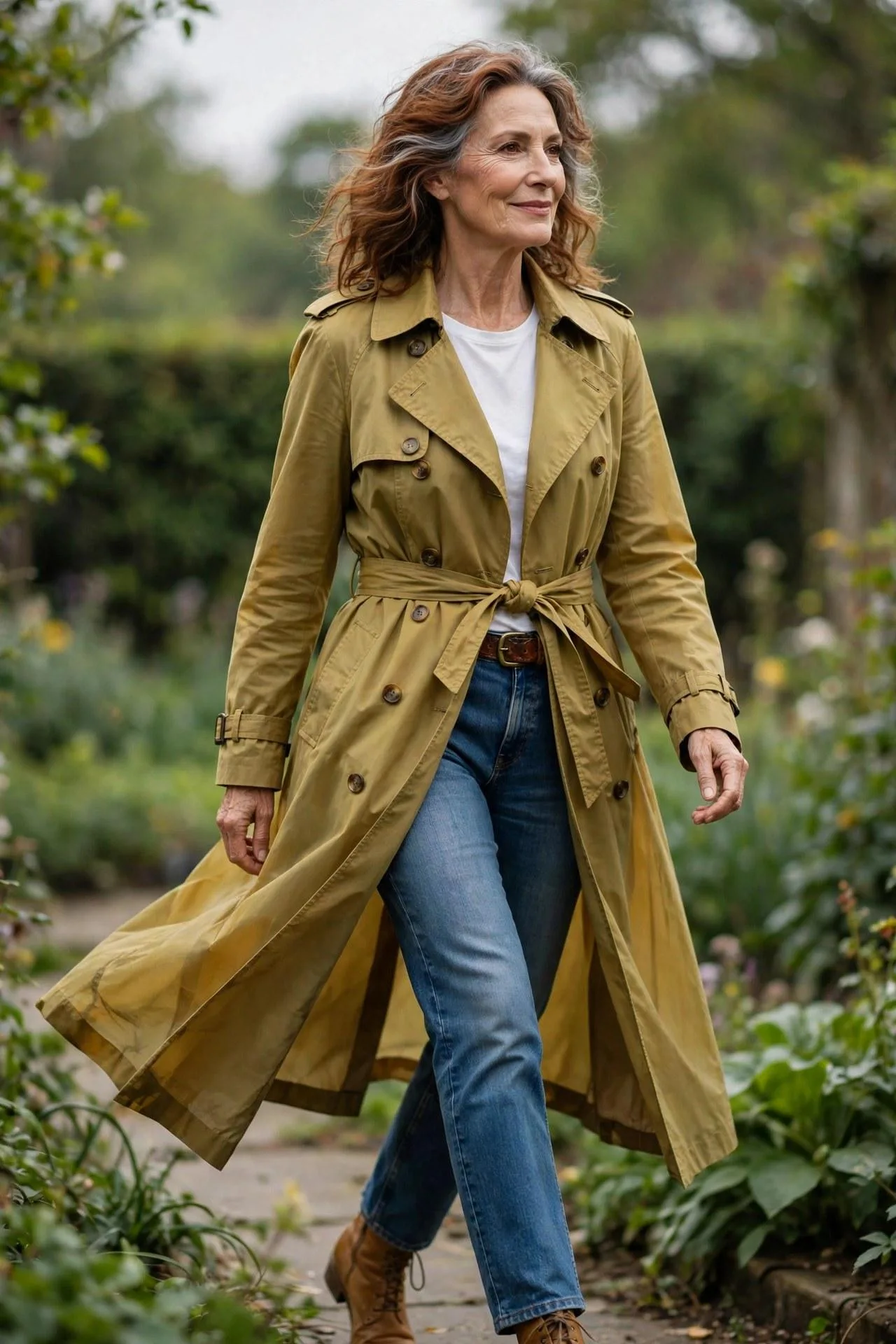 Warm-smiling woman in a golden-yellow trench with white t-shirt and blue jeans on a garden path — spring 2026 color trends in smart casual clothes for women.