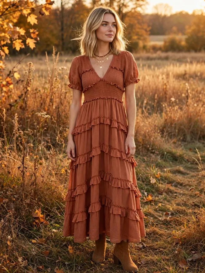 A woman in a terracotta tiered maxi dress with suede boots.