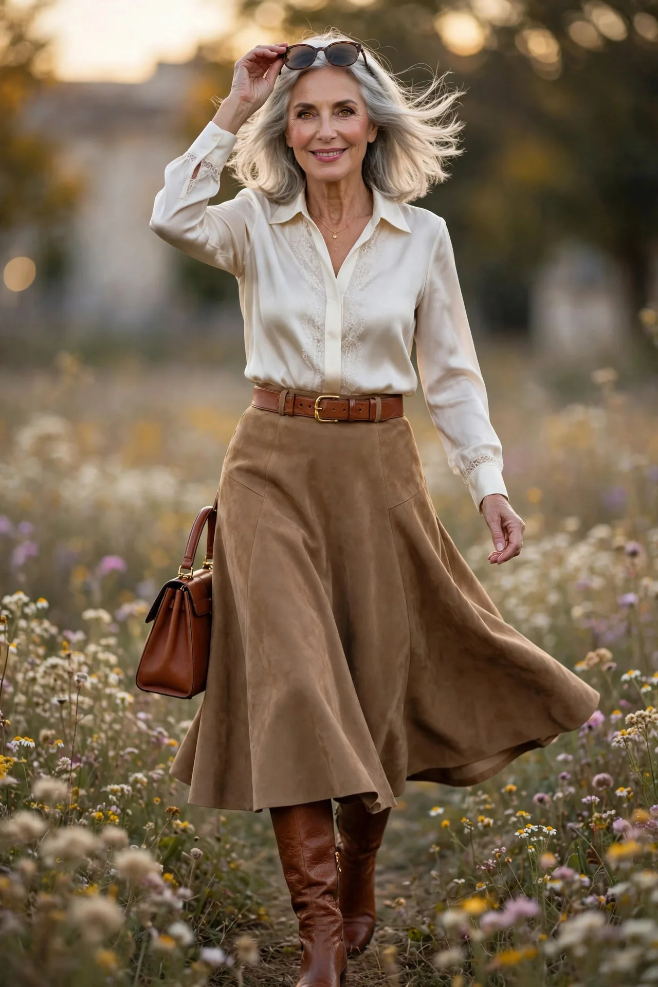 Camel Hourglass — An ivory silk blouse with a soft collar tucked into a camel suede A-line midi skirt, cinched with a cognac leather belt and cognac knee-high boots.