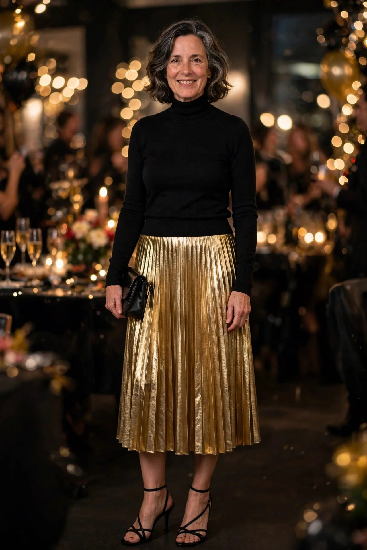 Woman in gold pleated metallic midi skirt