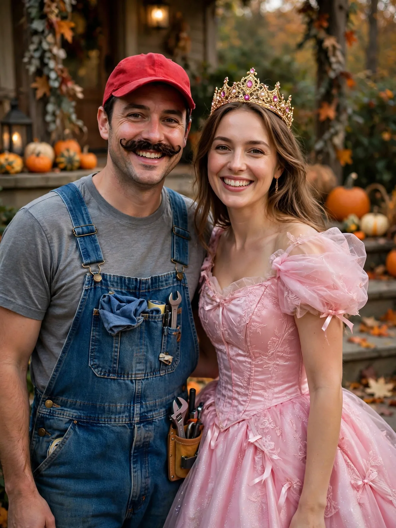 A couple as Mario in red cap and overalls with Princess Peach in pink.