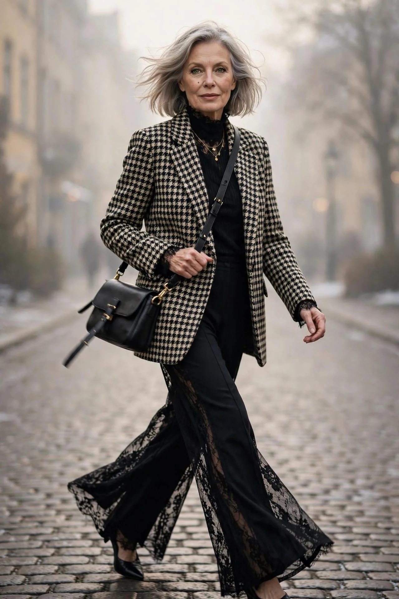 Confident mature woman wearing houndstooth blazer, black turtleneck and wide-leg trousers outdoors.
