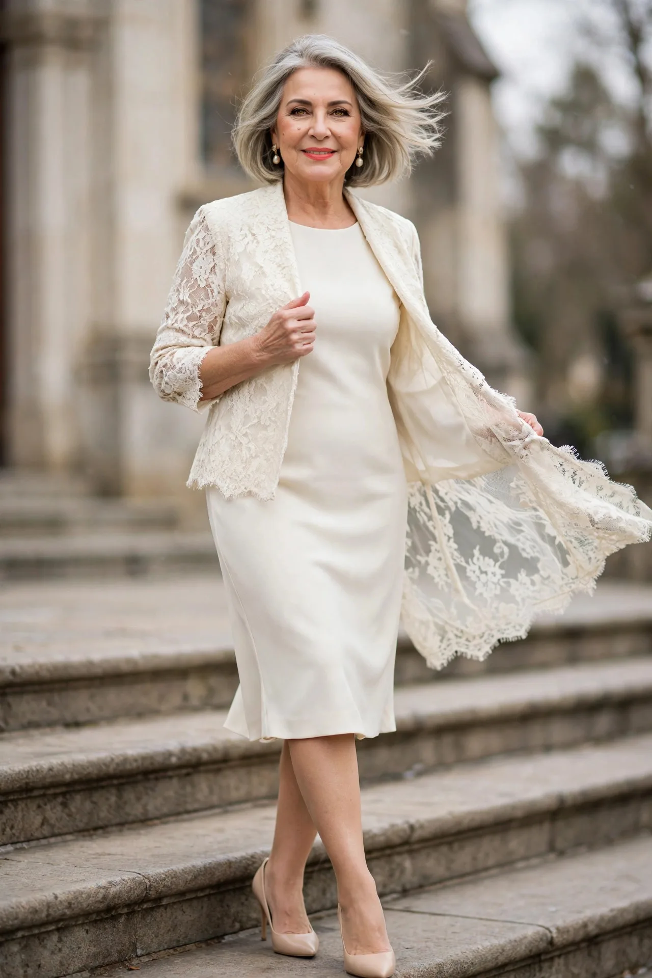 Poised mature woman in ivory lace jacket dress with pearl earrings at church
