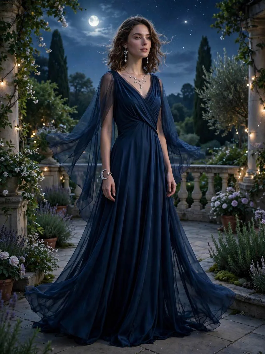 Midnight blue gown with silver star and moon jewelry for evening.