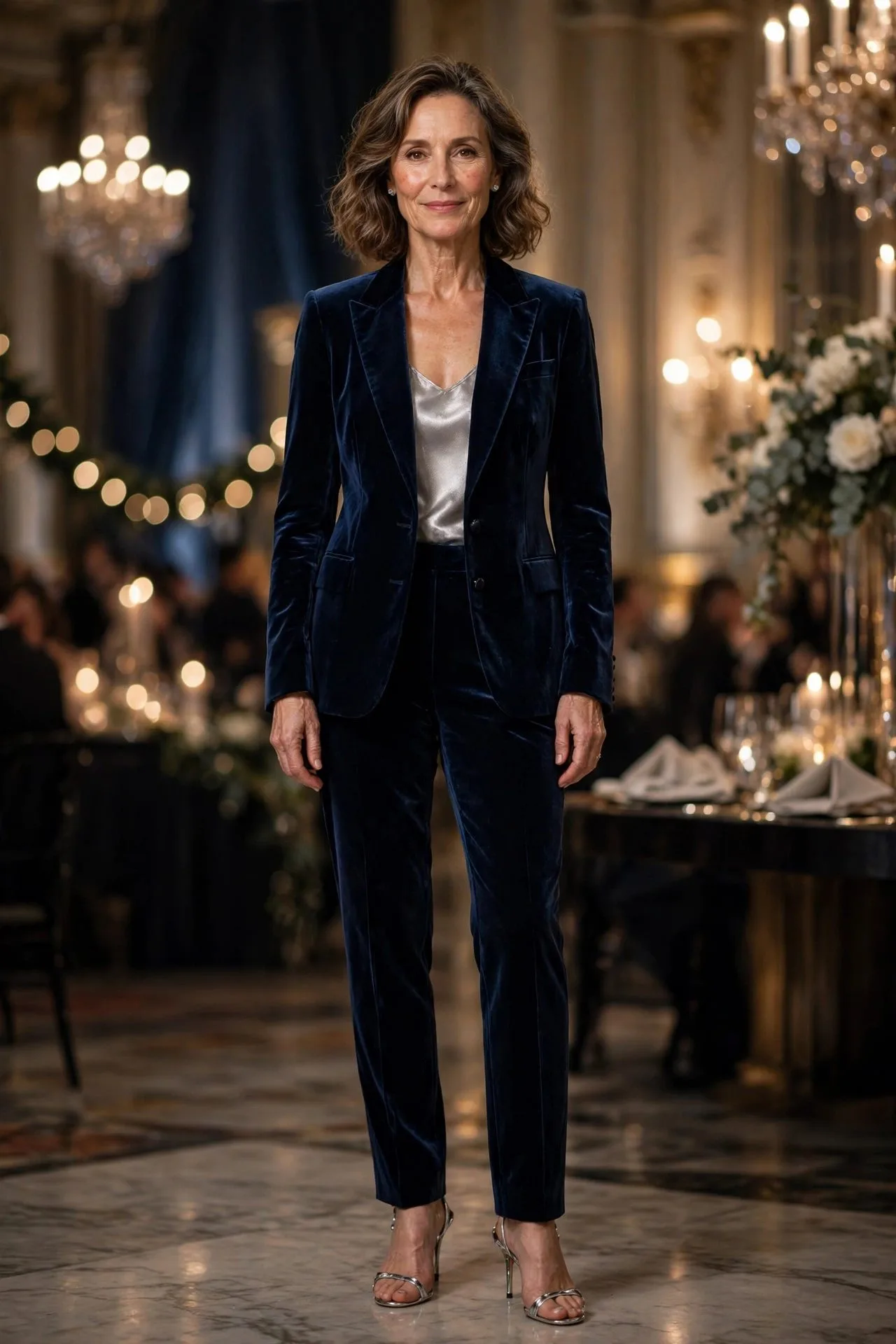 Woman in midnight blue velvet blazer suit