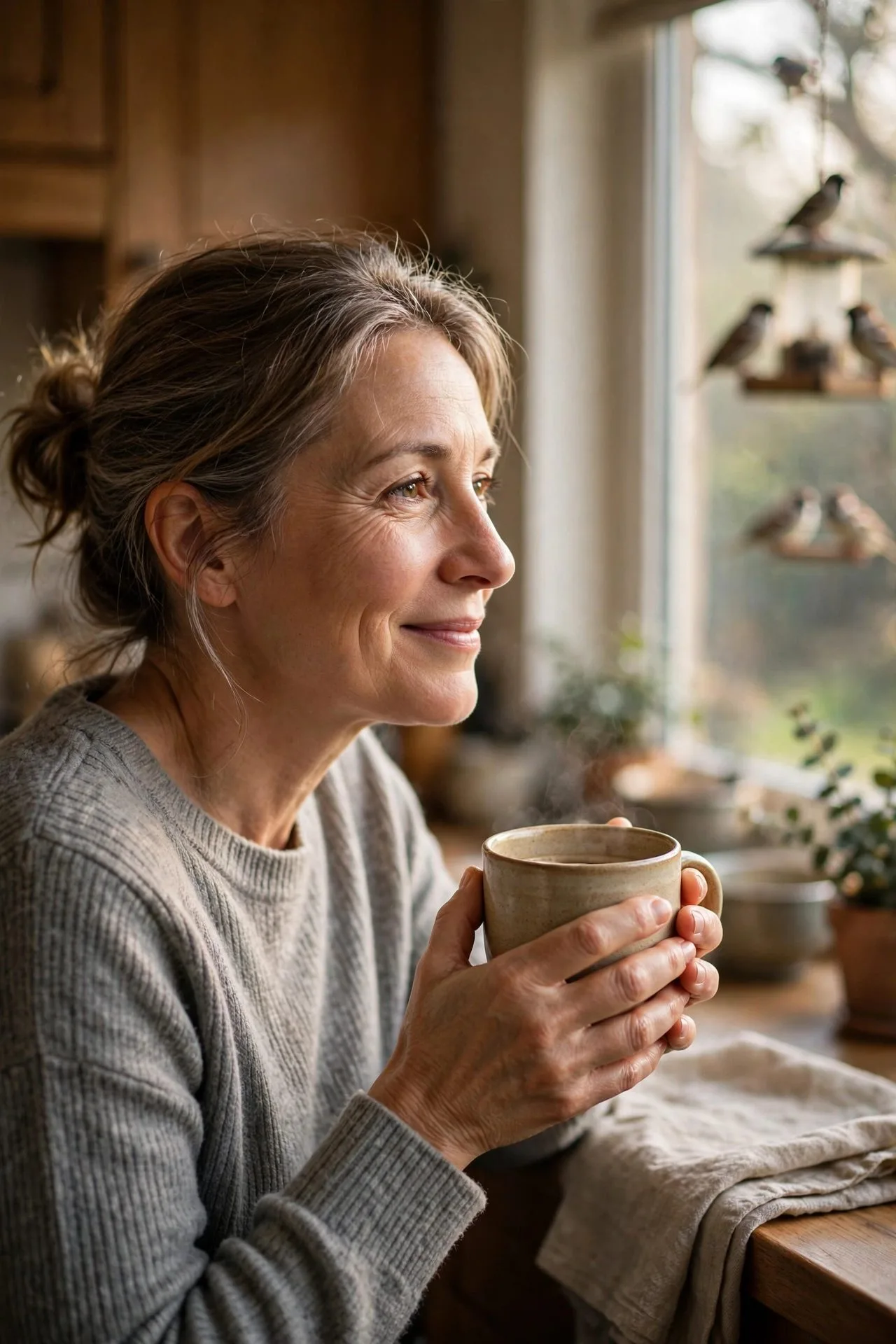 Woman over 50 savoring small moments with morning tea