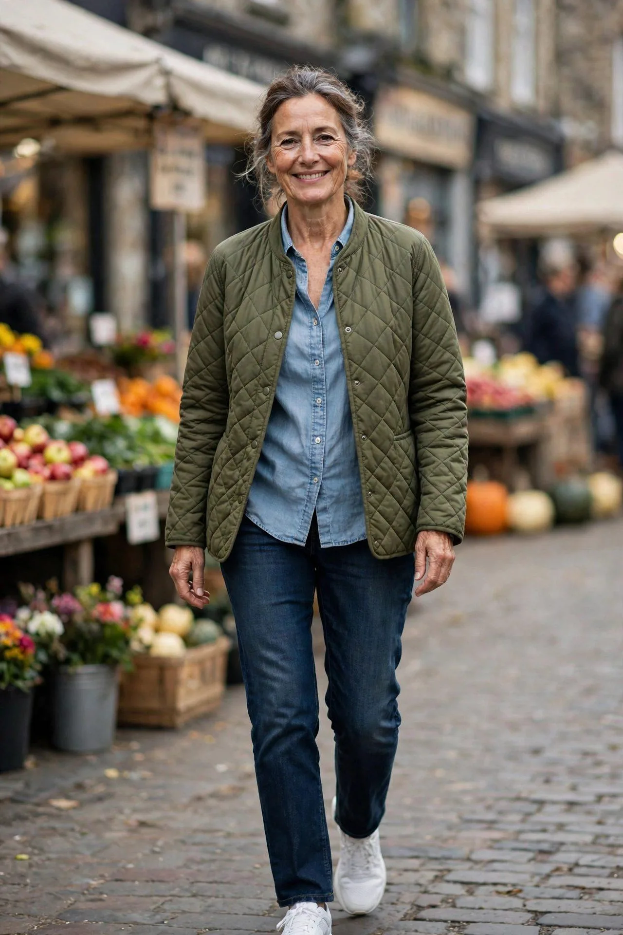 Happy older woman in a quilted olive jacket with chambray shirt at a weekend market.