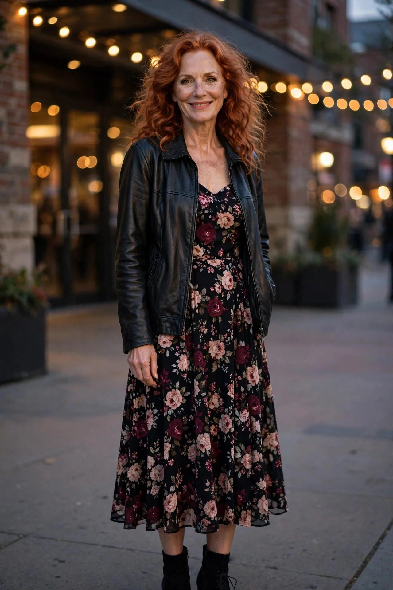 Leather Jacket + Floral Midi Dress