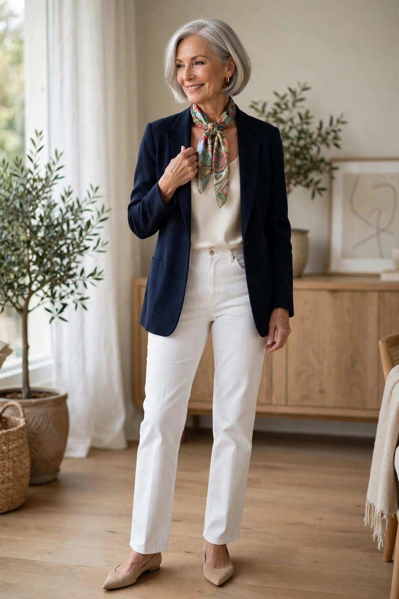 Graceful 60-something woman pairing white denim jeans with tailored navy blazer outdoors