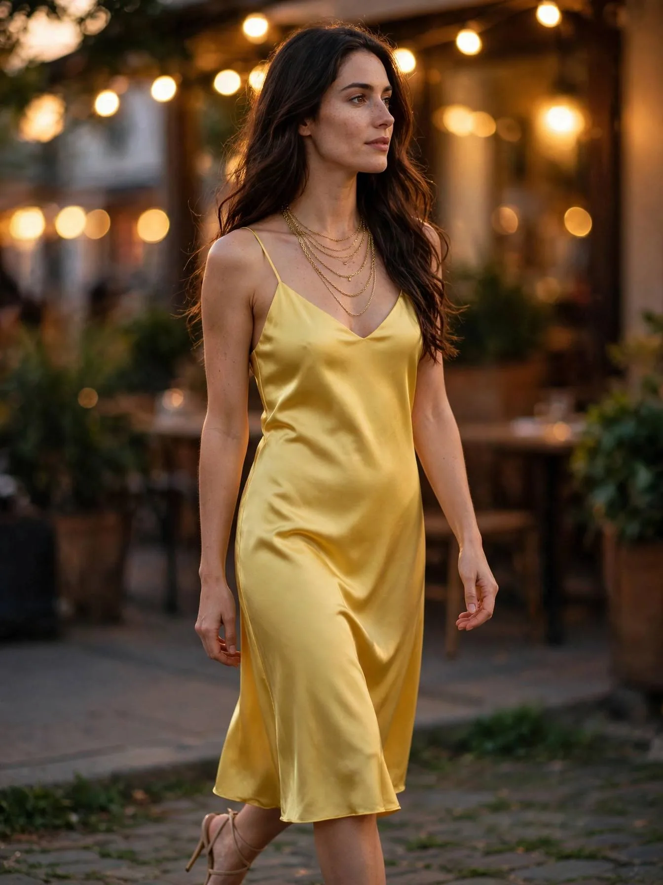 Woman in a sunshine yellow slip dress on a date night.