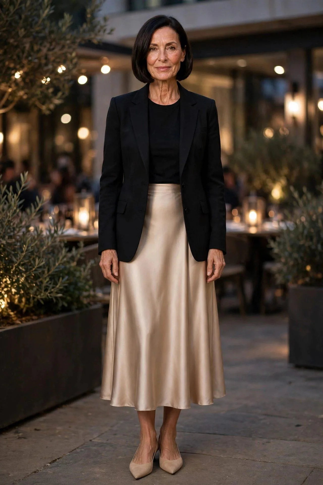 Lady in 50s pairing structured black blazer with fluid champagne satin skirt