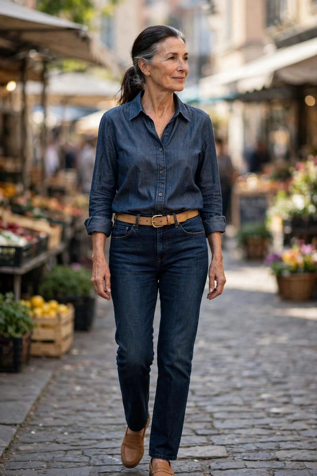 Woman over 50 in polished dark denim-on-denim with tan belt