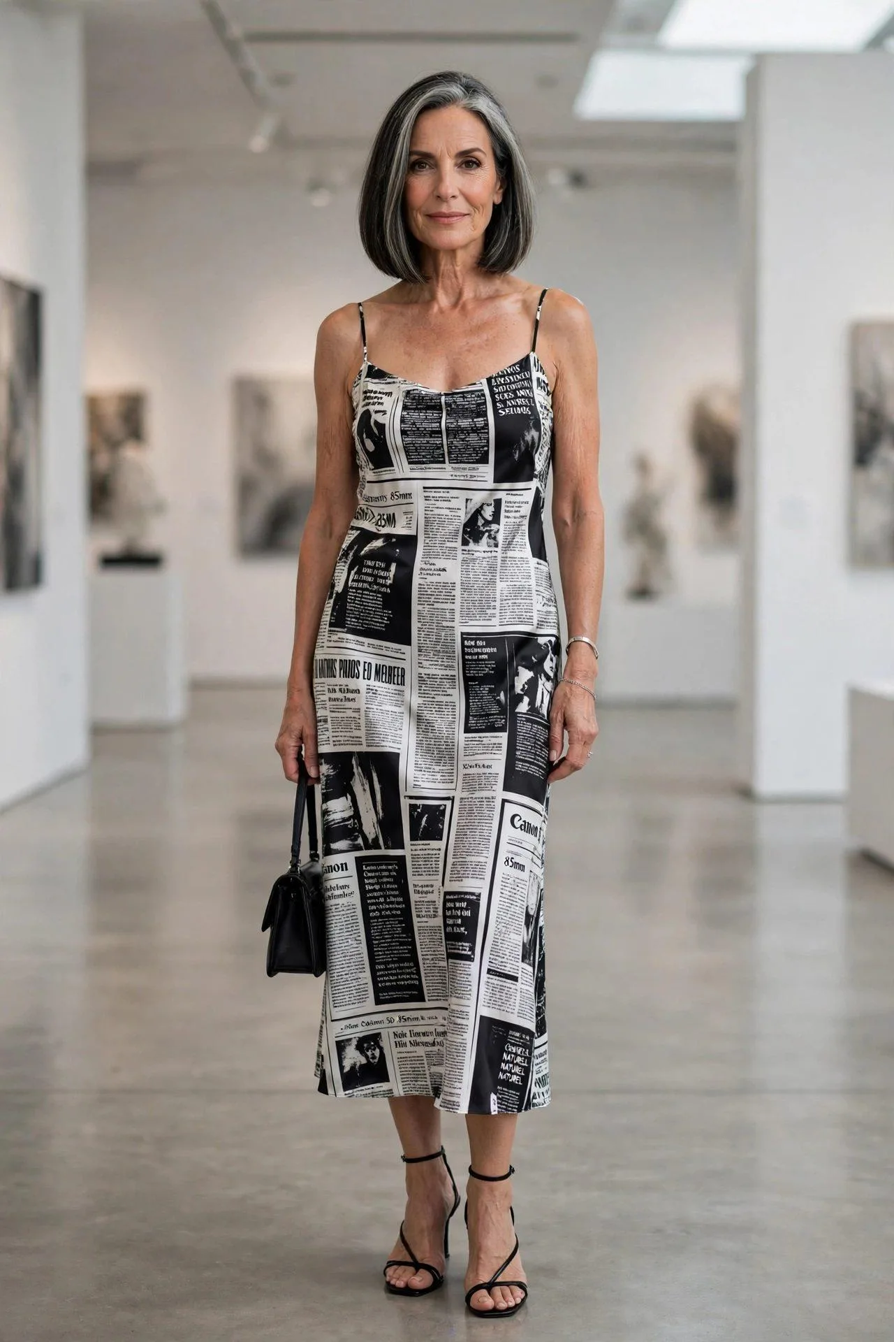 Artful woman in a text-print black-and-white slip dress with heeled sandals posing in a gallery space.