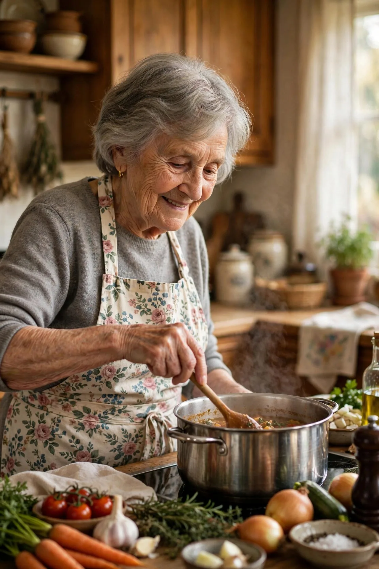 Senior woman cooking a fresh vegetable stir fry at the stove.