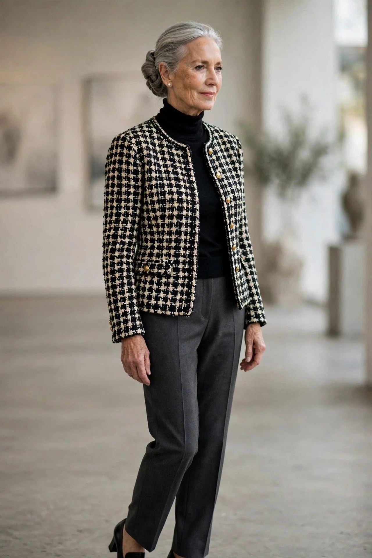 Refined woman over 60 in a houndstooth tweed jacket with black turtleneck and gray slacks.