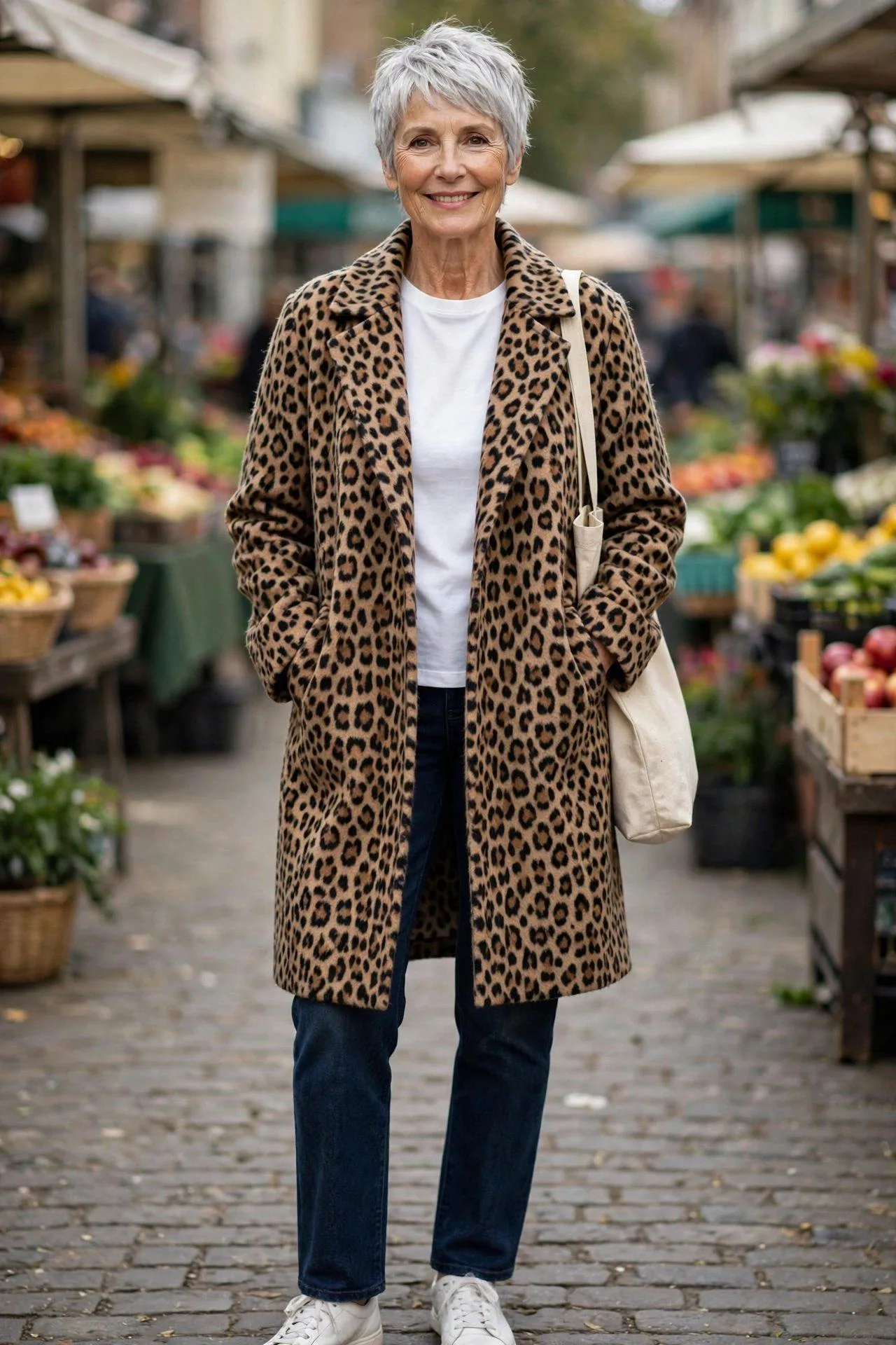 Easy weekend style with leopard outerwear coat over white t-shirt and jeans