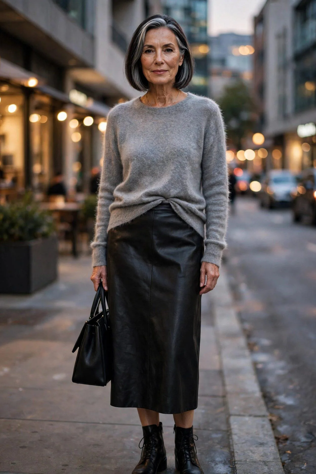Confident woman over fifty in leather midi skirt and cashmere.